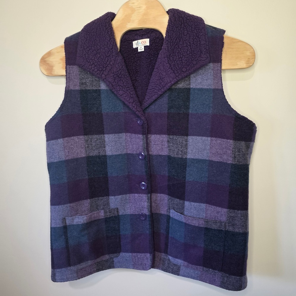 Denim & Co Vest Women XL Purple Plaid Sherpa Lined Wool Blend Button Front Cozy